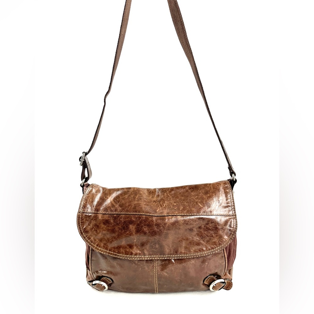 Fossil  Brown Canvas Glazed Leather Large Messenger Bag Buckles Office School